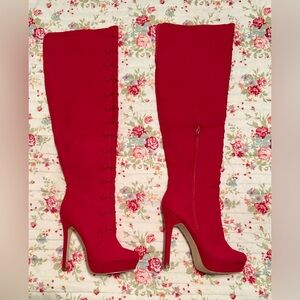 JustFabulous tall red platform knee-high boots, size 6.5